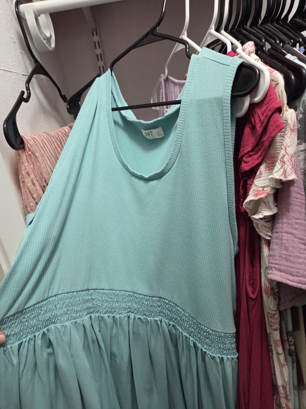 Sleeveless Light Teal Midi Dress with Ruffled Skirt
